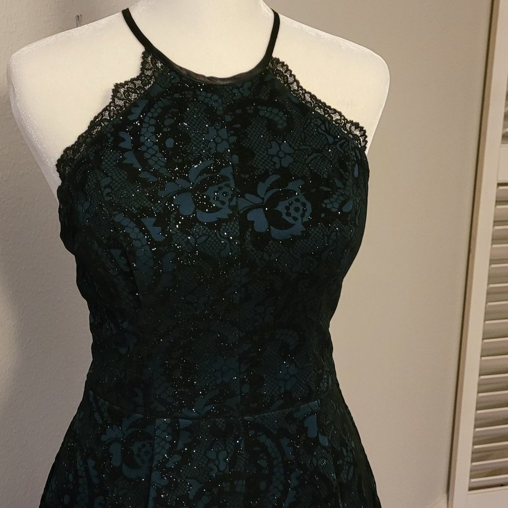 Glitter Brocade Cocktail Halter Party Dress in Deep Green and Black Lace - Picture 2 of 11